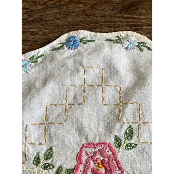 Antique Rainbow Floral Embroidery Table Runner 16" x 39" White Cotton AS IS - Picture 9 of 14